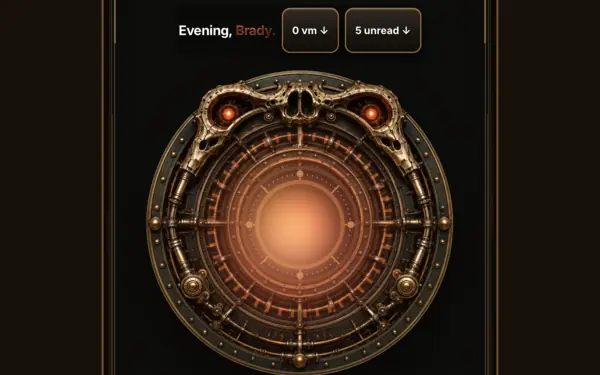 Baxstar Ember on a phone: Evening, Brady, 0 voicemails, 5 unread, and a glowing brass dial