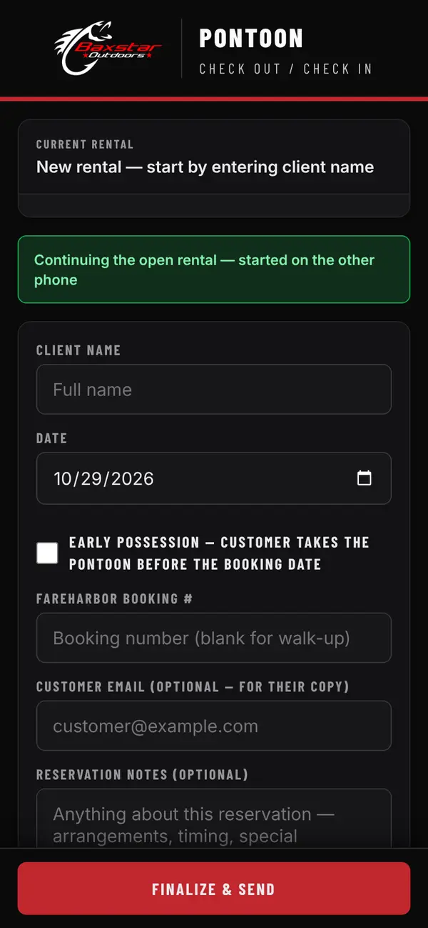 Pontoon check-in tool with the start-rental form