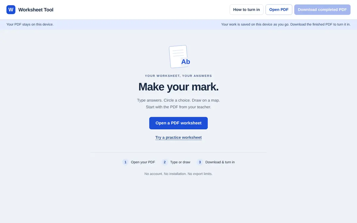 The Worksheet Tool landing screen: Make your mark, with an Open a PDF worksheet button and a practice worksheet link