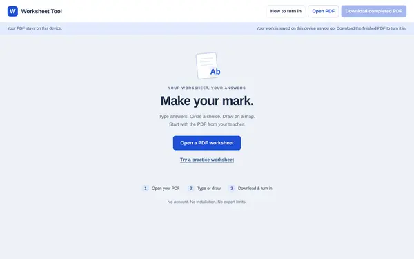 The Worksheet Tool: Make your mark, with an Open a PDF worksheet button