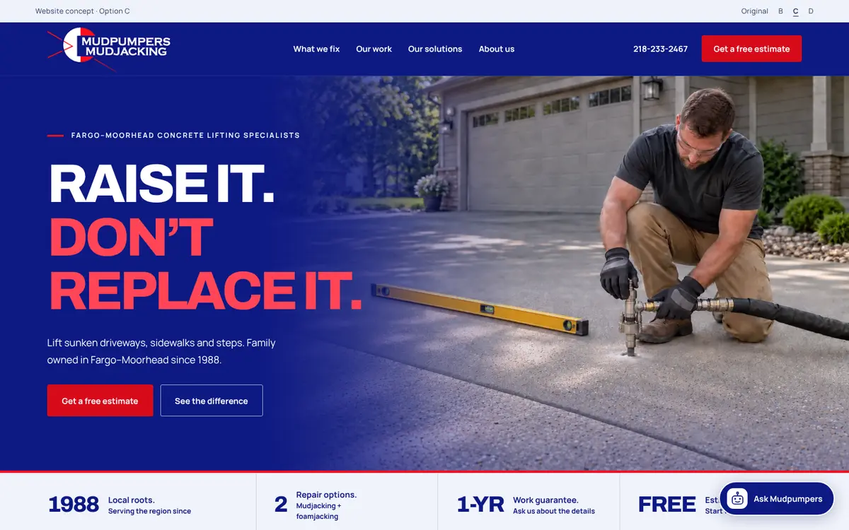 A concrete-lifting website concept: a technician levelling a driveway under the headline Raise it. Don't replace it.