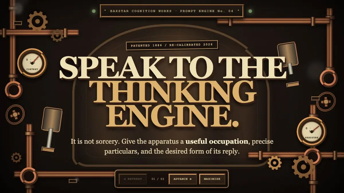 A steampunk lesson screen: Speak to the thinking engine in brass type framed by pipes, gears and two pressure gauges, with Retreat, Advance and Maximize controls