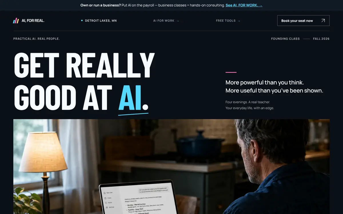 The ai.lakesgolfsim.com page: Get really good at AI, beside a photo of a man at a laptop under a lamp