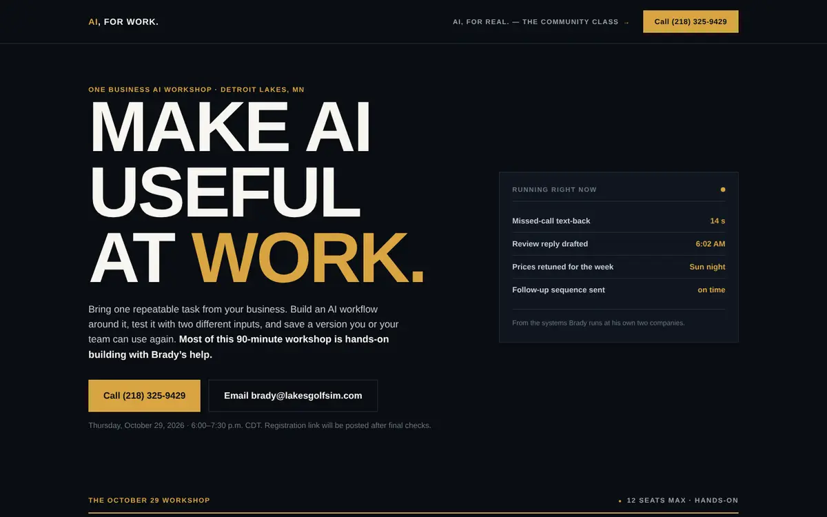 The AI, FOR WORK. page: Make AI useful at work, with a panel of the workshop's live results