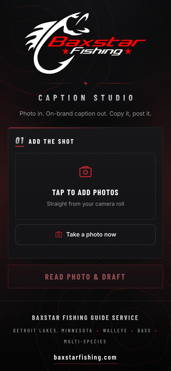 Caption Studio on a phone: Add the shot, Take a photo now, Read photo and draft
