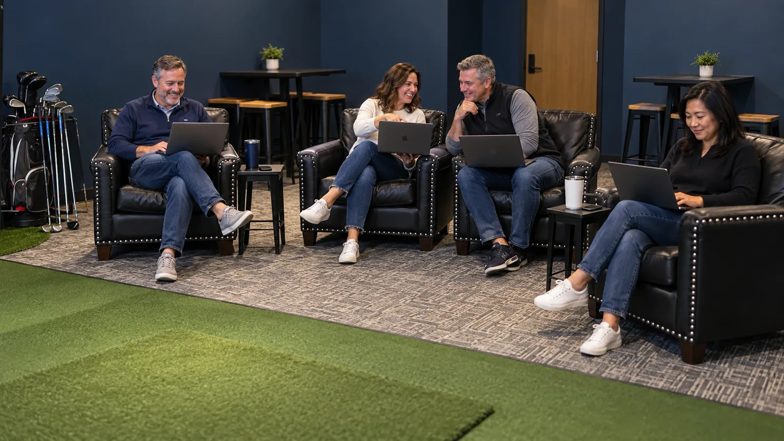 AI render: four people on leather chairs with laptops in a golf-simulator lounge, turf and a golf bag at the edge