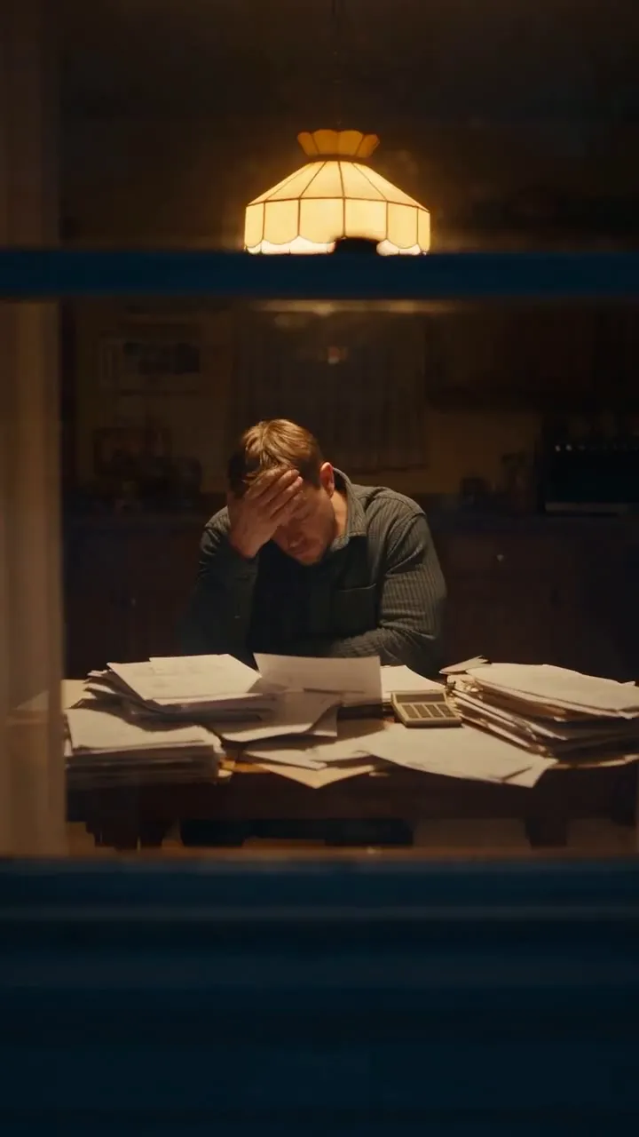 A frame from the AI, FOR REAL. launch ad: a man at a kitchen table under a lamp, head in his hand, buried in paperwork