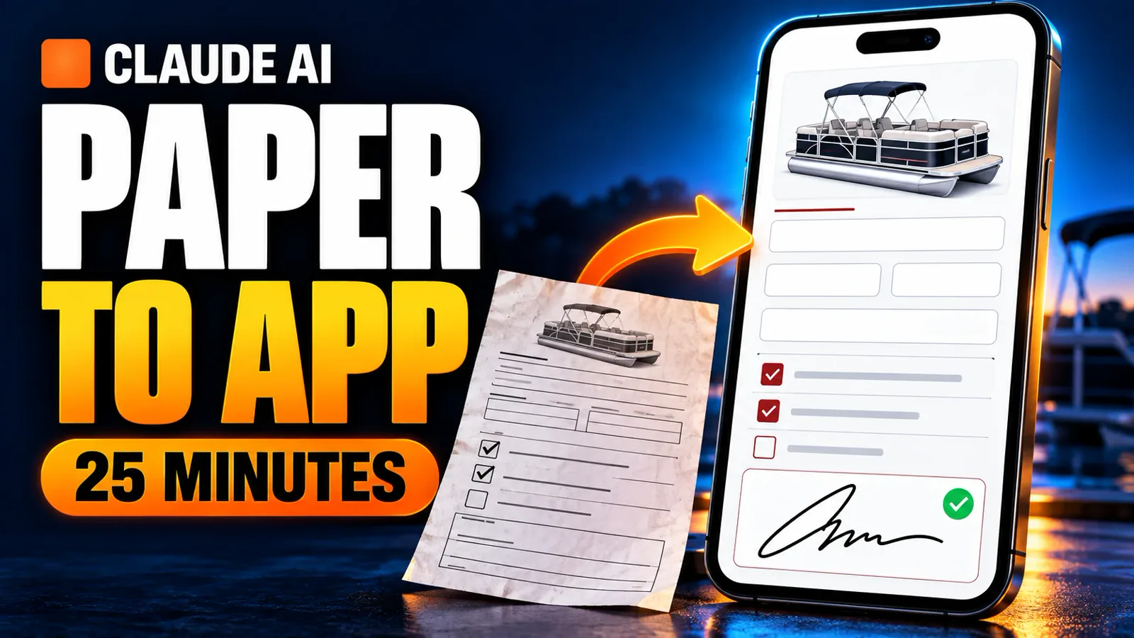 YouTube cover: Paper to app, 25 minutes. A crumpled rental form with an arrow into a phone showing the same form as an app
