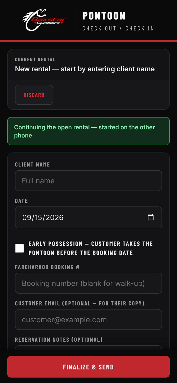 Pontoon Check Out / Check In on a phone: client name, date, FareHarbor booking number, Finalize and send