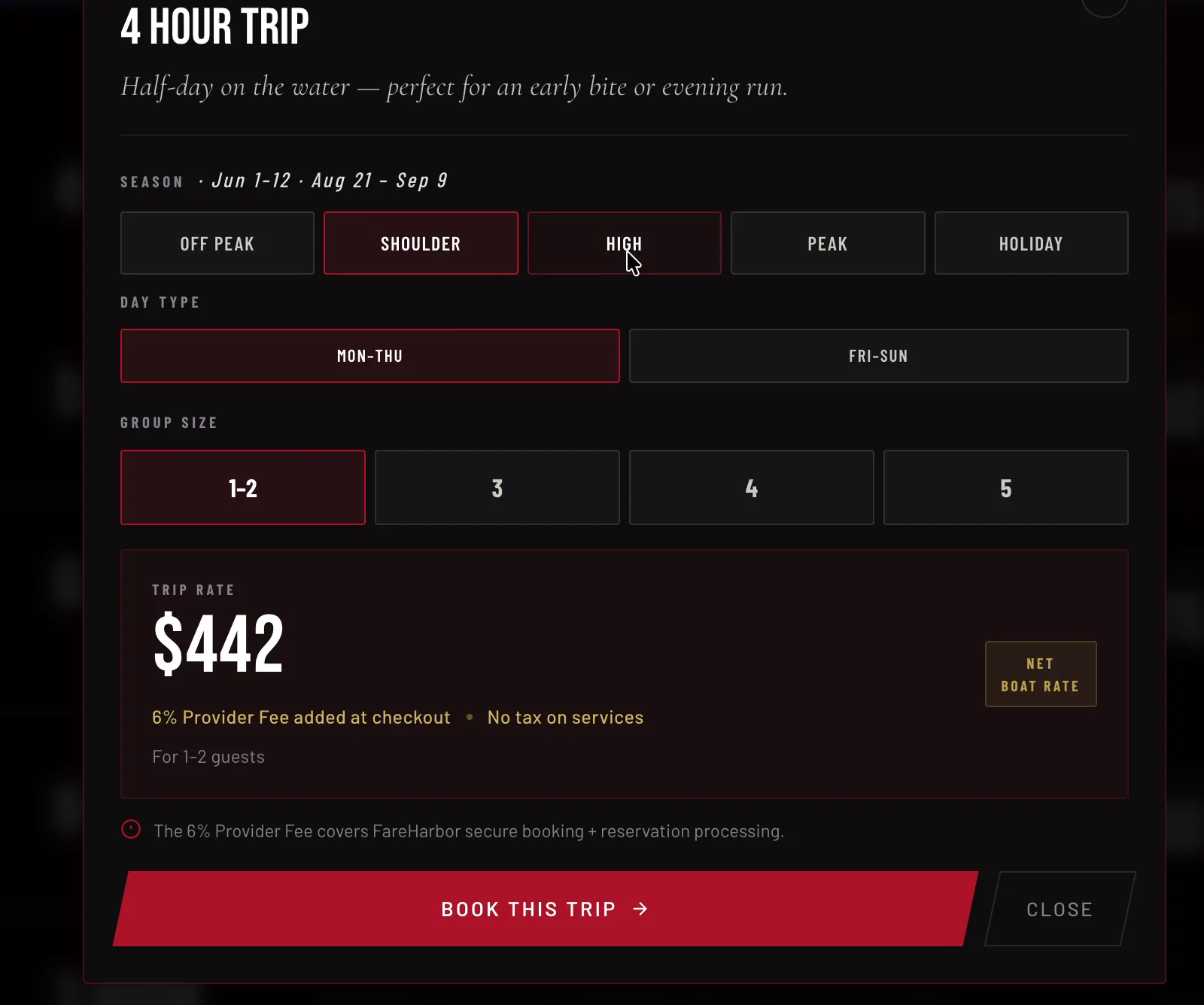 The trip-rate table on baxstarfishing.com: five trip lengths with a from-price on each, and a Check availability button