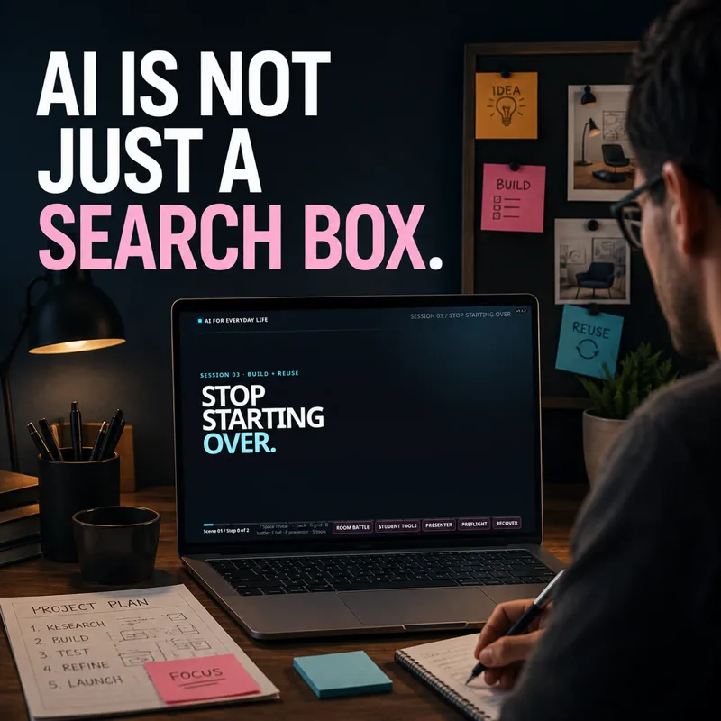 Social card: AI is not just a search box, over a desk with a laptop open to a class session