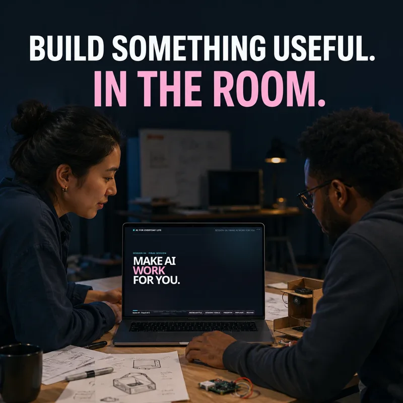 Social card: Build something useful. In the room. Two people at a laptop in a workshop