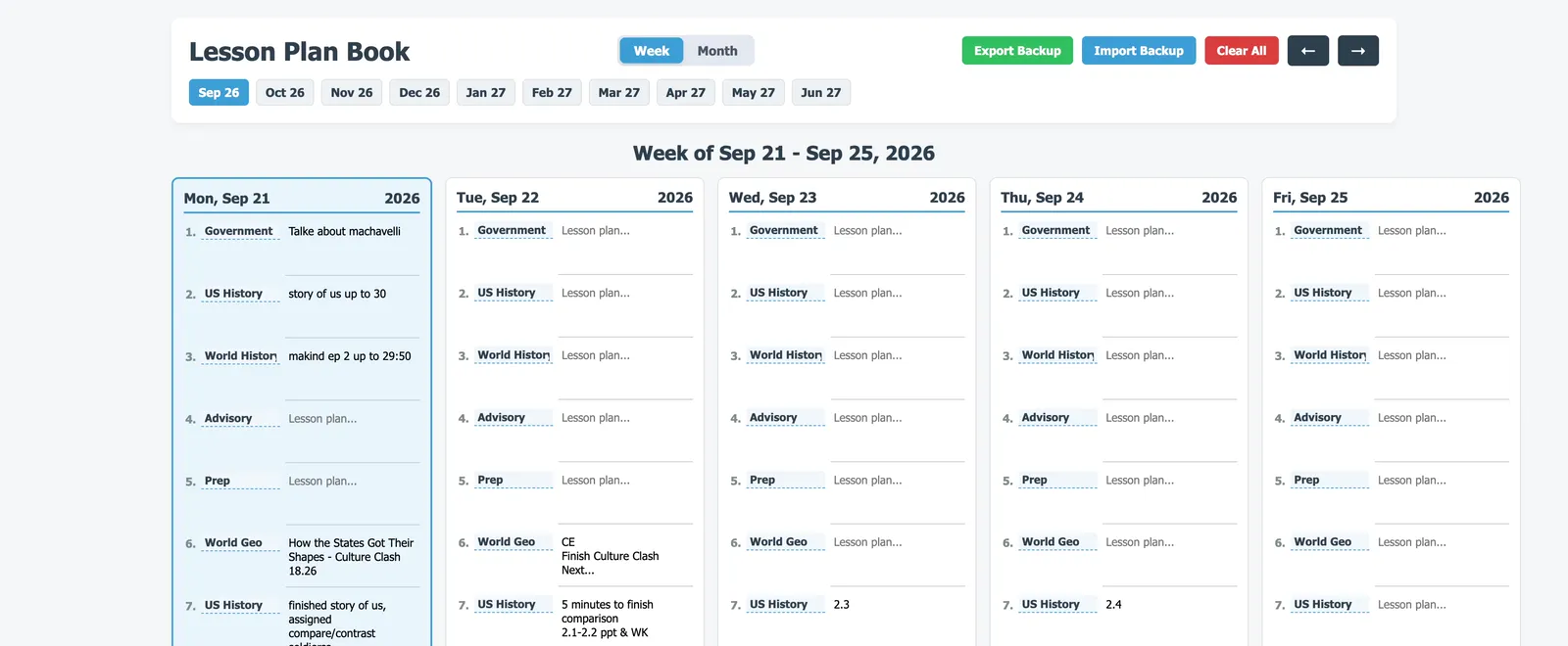 The Lesson Plan Book: a week view calendar with class periods filled in