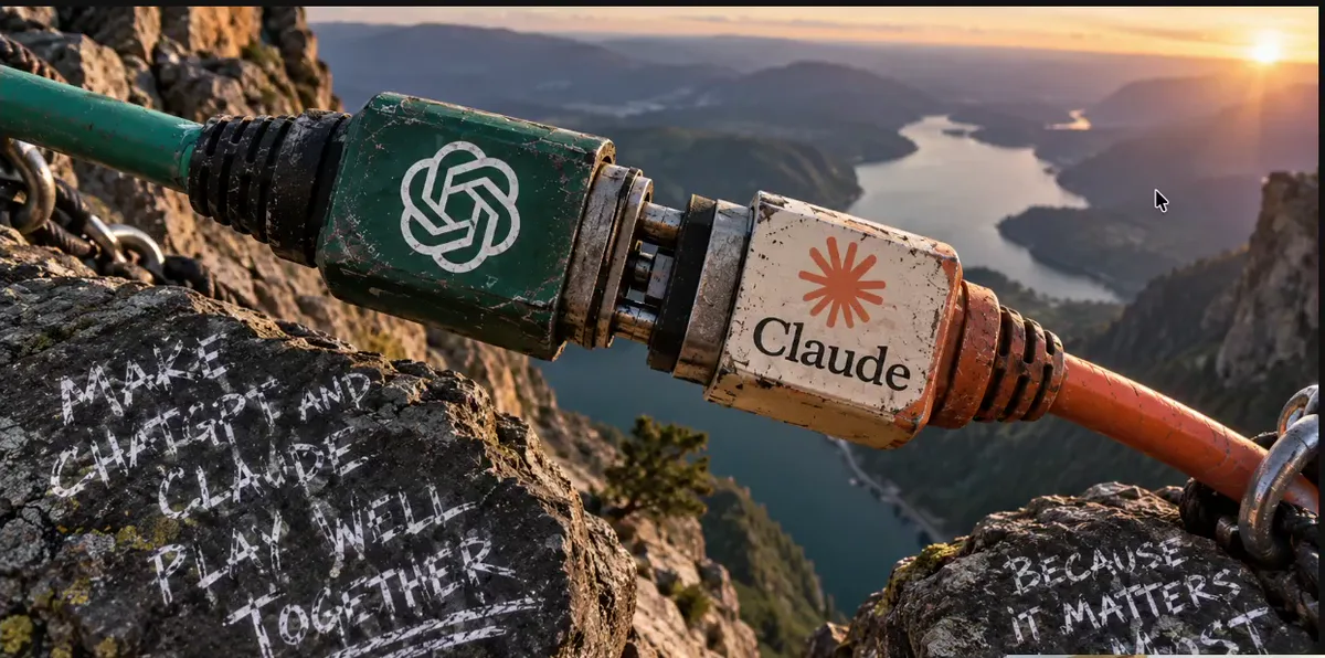 An AI-generated thumbnail after specific feedback: two hoses coupled on rock, chalk lettering still rough