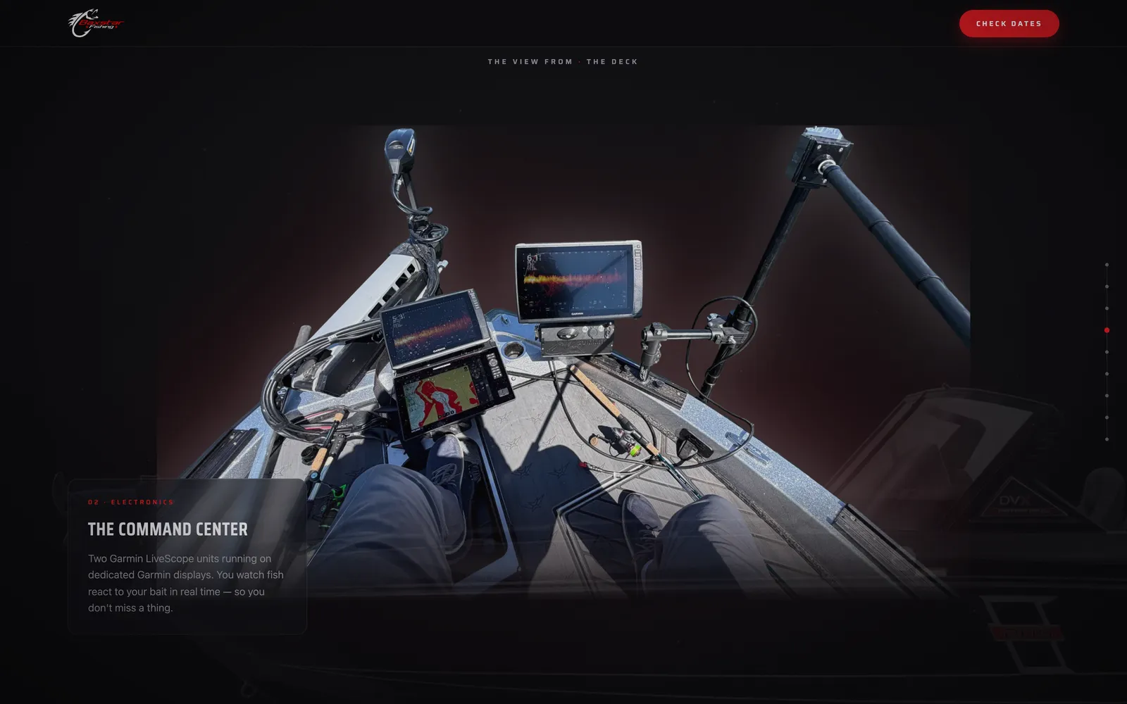 The command center chapter of boat.baxstarfishing.com: two Garmin LiveScope displays on the deck